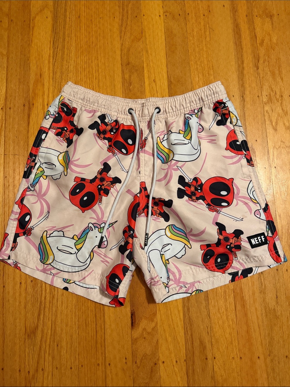 Neff Pink Swim Shorts with Unicorn & Deadpool Motif
